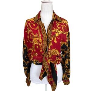 VTG NY Studio 100% Silk Red and Gold button Boroque blouse